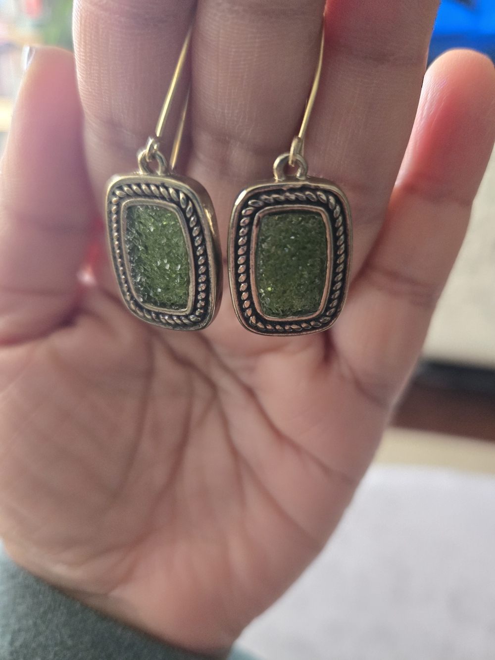 Green Druzy Drop Earrings with Oxidized Gold Frame
